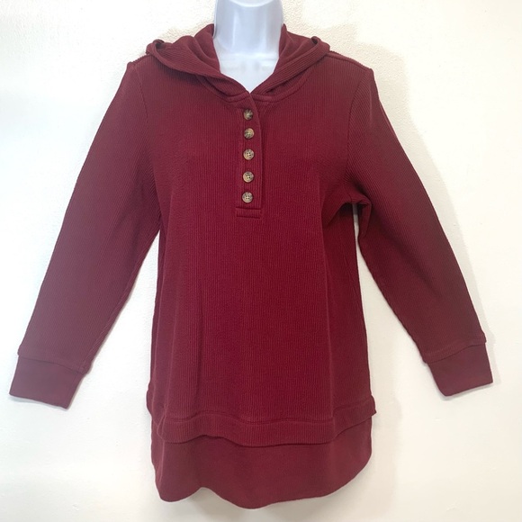 J Jill Top Tunic Woman Medium Hood  Rib Knit Long Sleeve‎ Maroon Casual Travel - Picture 1 of 9